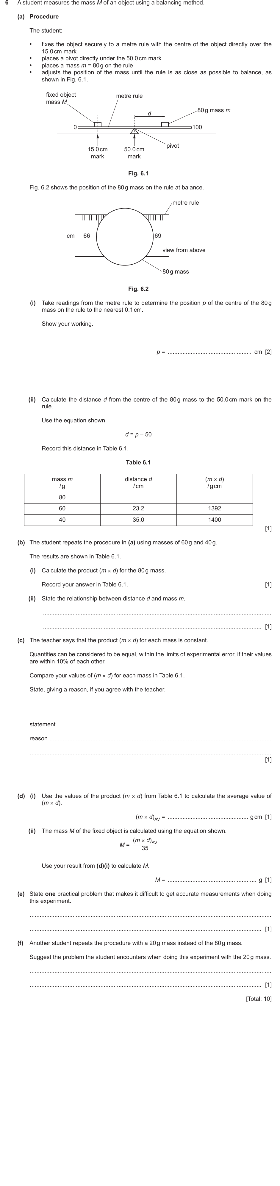 IGCSE 0654 May/June 2023 Paper 62 Question 6 — Turning effect (moments)