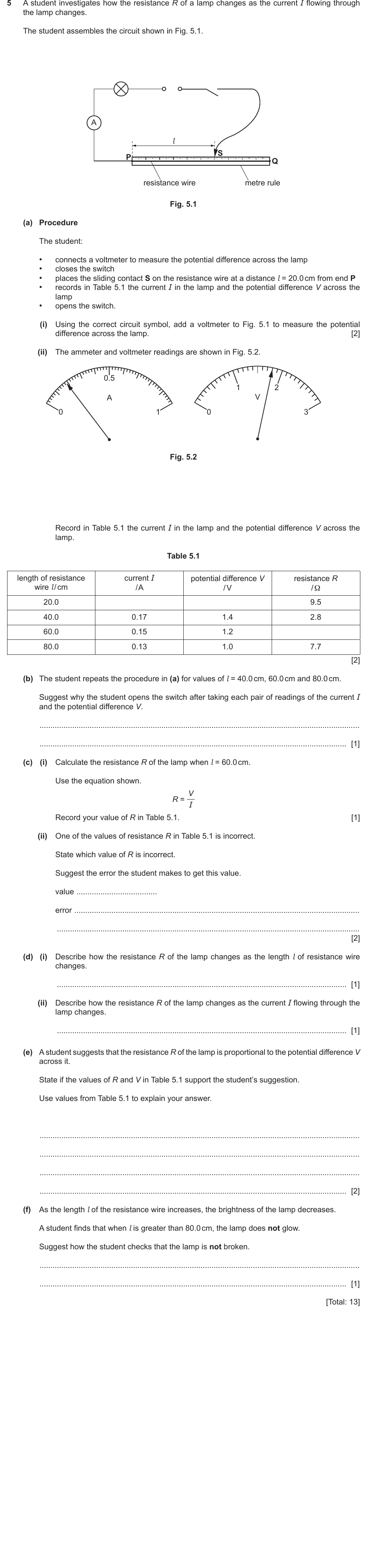 IGCSE 0654 May/June 2024 Paper 61 Question 5 — Current, voltage & resistance