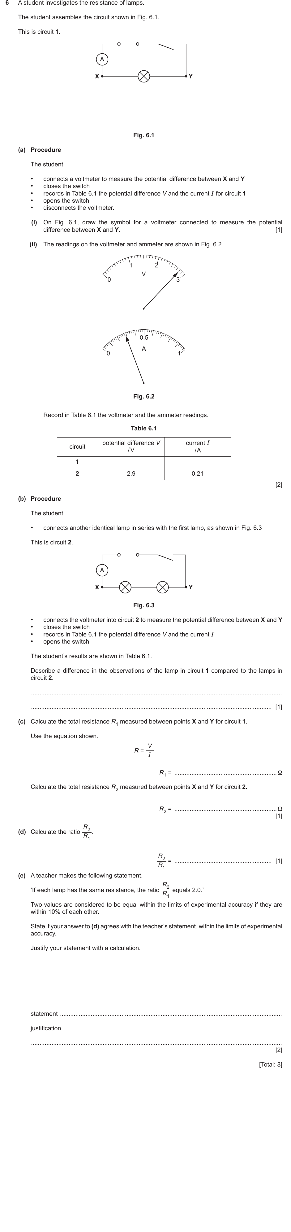 IGCSE 0654 May/June 2024 Paper 63 Question 6 — Current, voltage & resistance