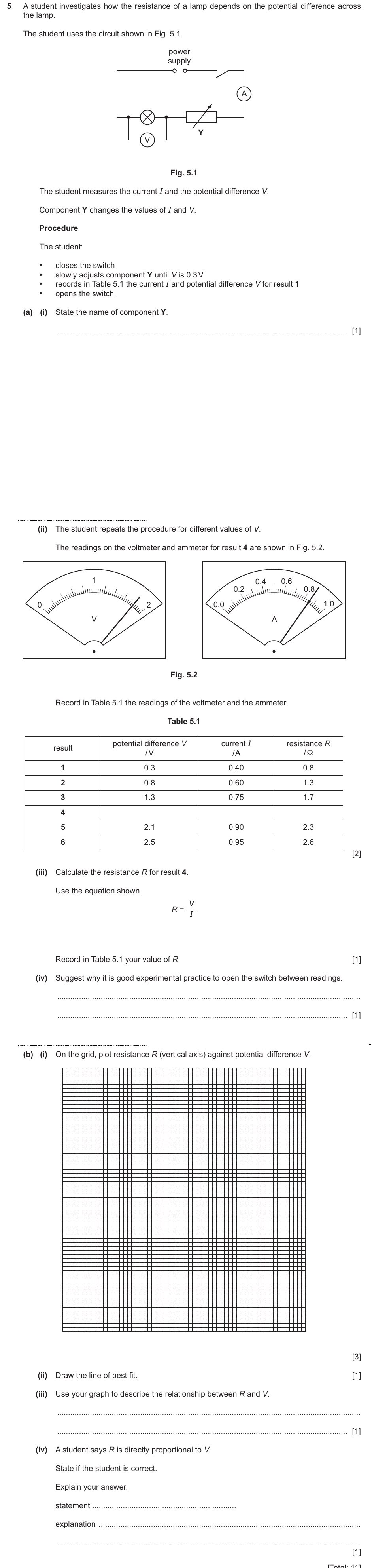 IGCSE 0654 May/June 2025 Paper 63 Question 5 — Current, voltage & resistance
