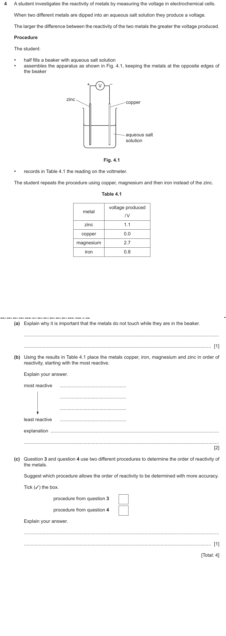 IGCSE 0654 Oct/Nov 2024 Paper 61 Question 4 — Properties & reactivity series