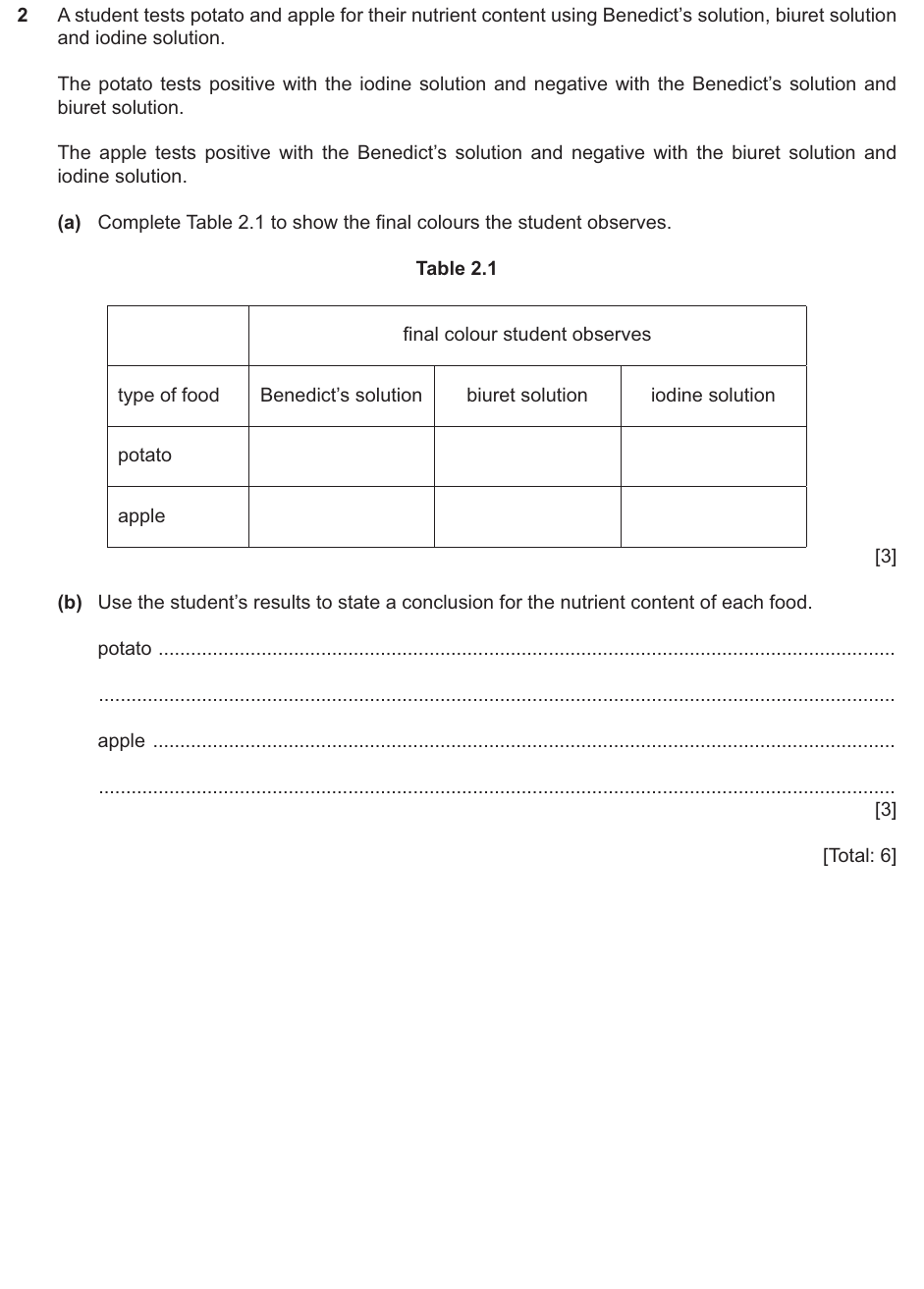 IGCSE 0654 Oct/Nov 2024 Paper 63 Question 2 — Food tests