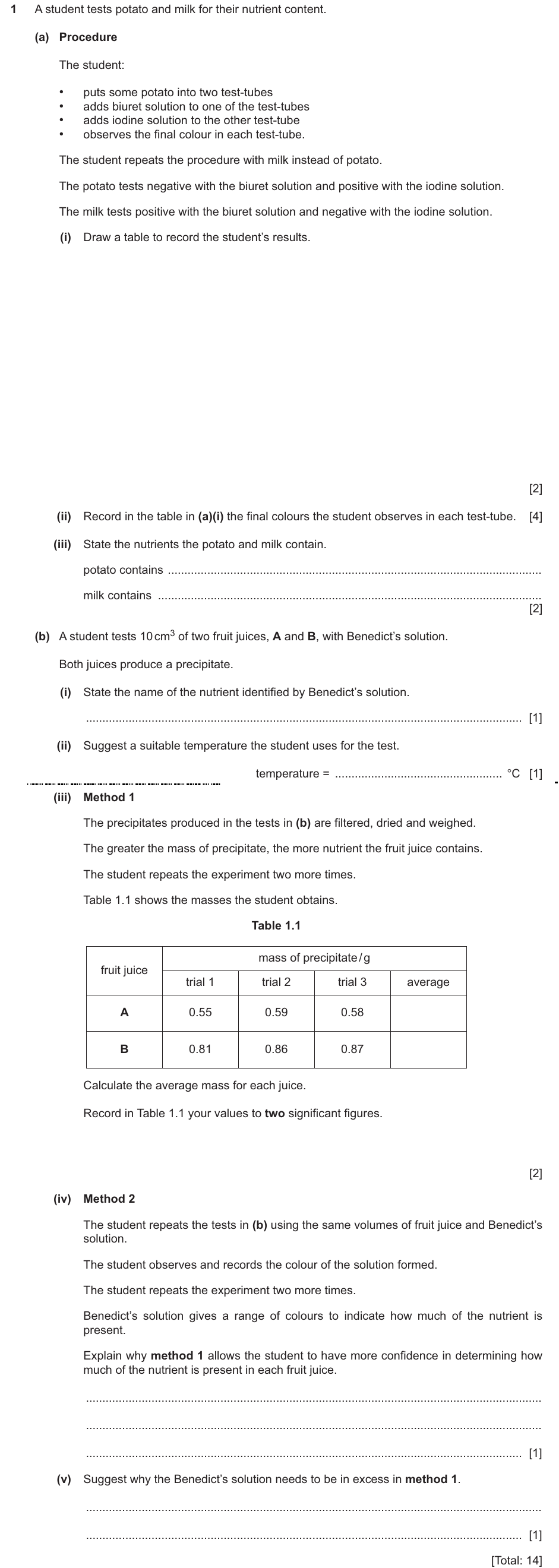 IGCSE 0654 Oct/Nov 2025 Paper 61 Question 1 — Food tests
