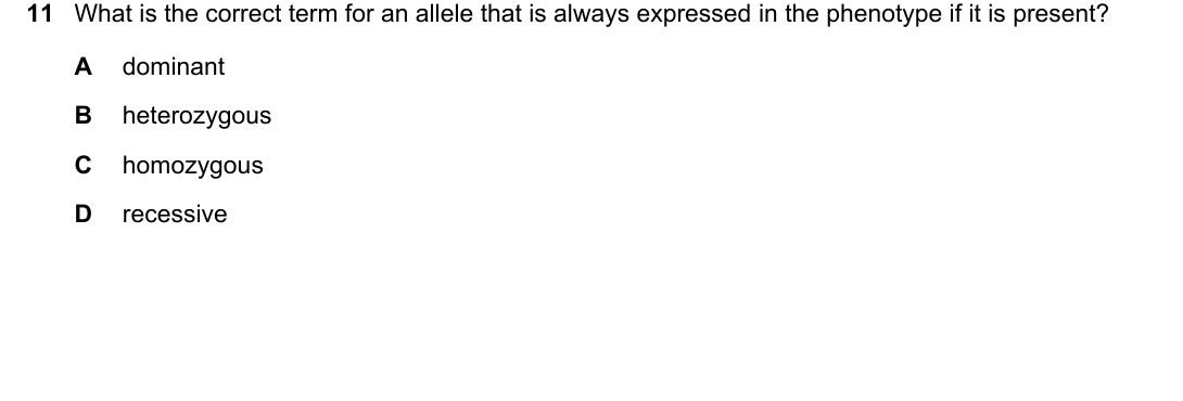 IGCSE 0654 March 2024 Paper 12 Question 11 — Monohybrid inheritance