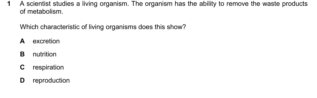 IGCSE 0654 March 2025 Paper 12 Question 1 — Characteristics of living organisms