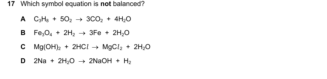 IGCSE 0654 May/June 2023 Paper 21 Question 17 — Balancing equations