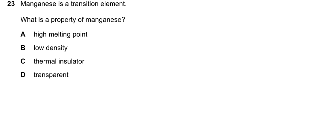 IGCSE 0654 May/June 2024 Paper 12 Question 23 — Transition elements