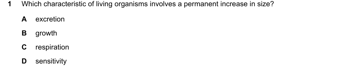 IGCSE 0654 May/June 2025 Paper 11 Question 1 — Characteristics of living organisms
