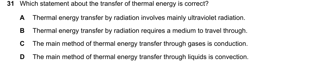 IGCSE 0654 May/June 2025 Paper 11 Question 31 — Conduction, convection & radiation