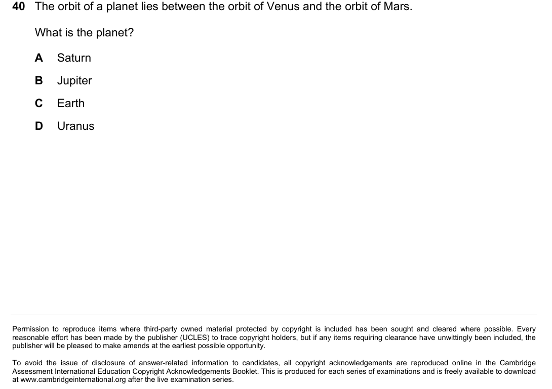 IGCSE 0654 May/June 2025 Paper 12 Question 40 — Earth & the Solar System