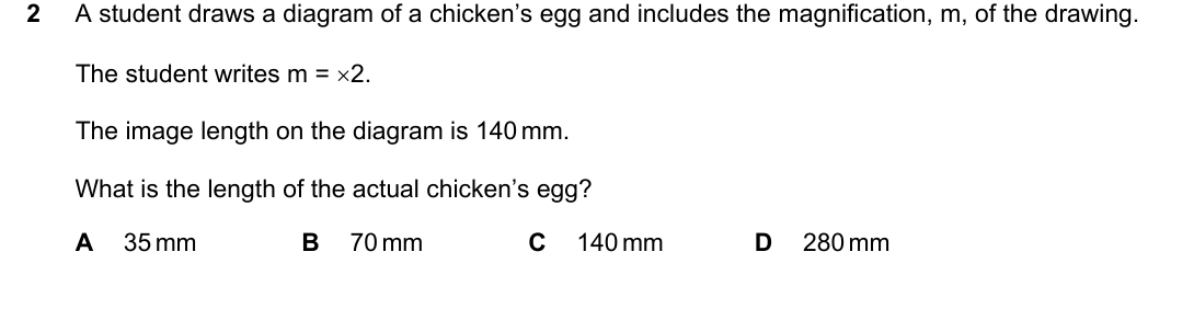 IGCSE 0654 Oct/Nov 2023 Paper 11 Question 2 — Magnification & size of specimens