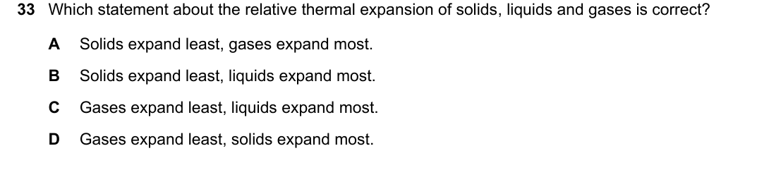 IGCSE 0654 Oct/Nov 2023 Paper 12 Question 33 — Thermal expansion