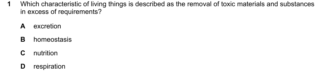 IGCSE 0654 Oct/Nov 2024 Paper 11 Question 1 — Characteristics of living organisms