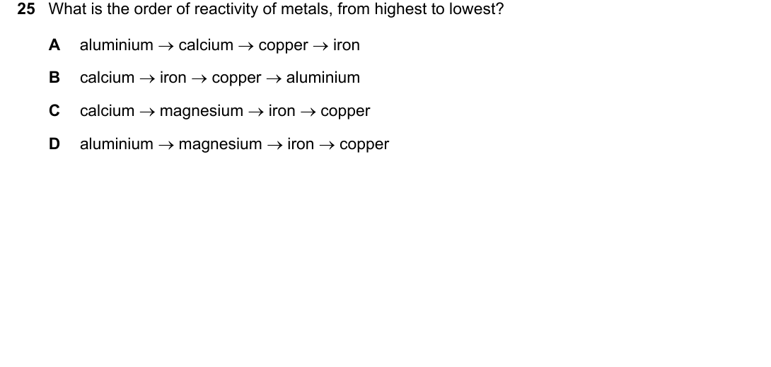 IGCSE 0654 Oct/Nov 2024 Paper 11 Question 25 — Properties & reactivity series