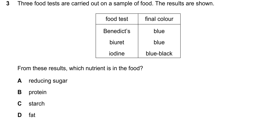 IGCSE 0654 Oct/Nov 2024 Paper 11 Question 3 — Food tests