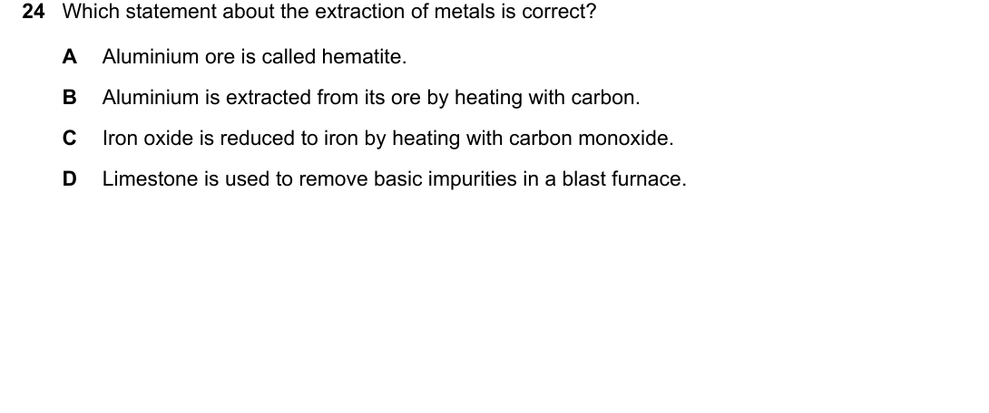 IGCSE 0654 Oct/Nov 2024 Paper 21 Question 24 — Extraction of metals