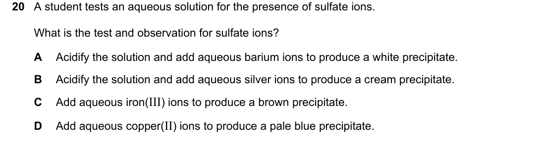 IGCSE 0654 Oct/Nov 2024 Paper 22 Question 20 — Tests for ions & gases