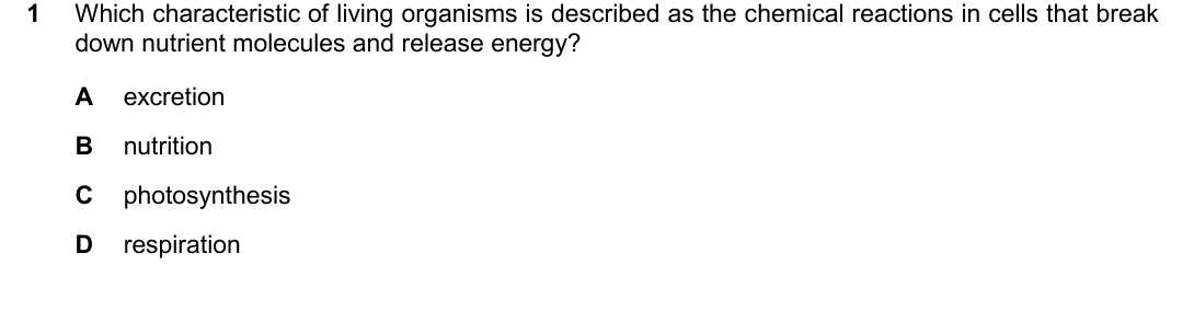 IGCSE 0654 Oct/Nov 2025 Paper 11 Question 1 — Characteristics of living organisms