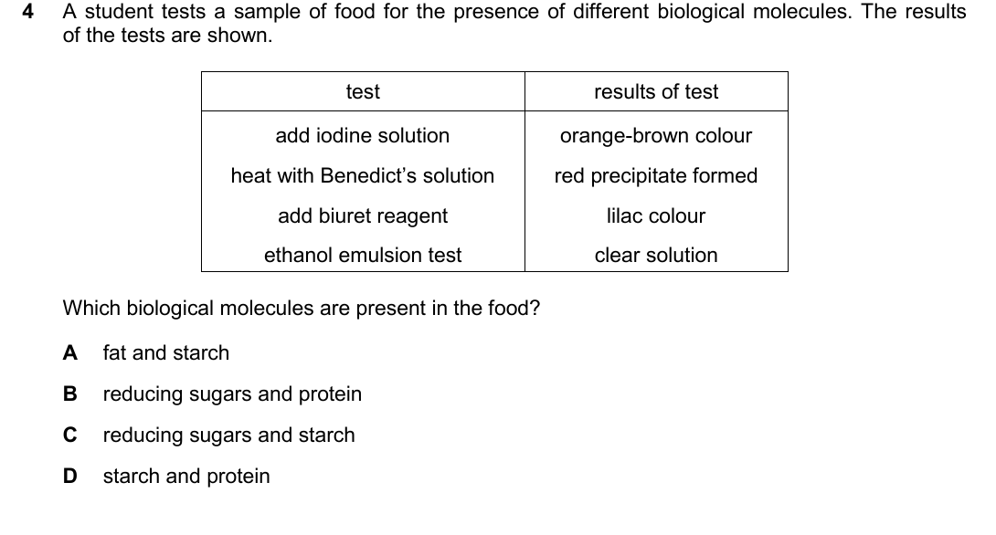 IGCSE 0654 Oct/Nov 2025 Paper 21 Question 4 — Carbohydrates, proteins & fats