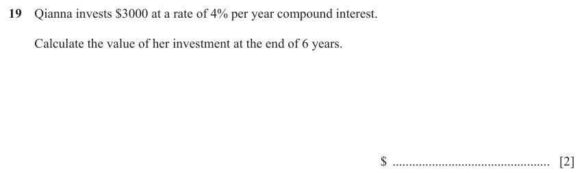 IGCSE Mathematics 0580 March 2023 Paper 12 Question 19 – Numbers, Simple and compound interest, 2 marks