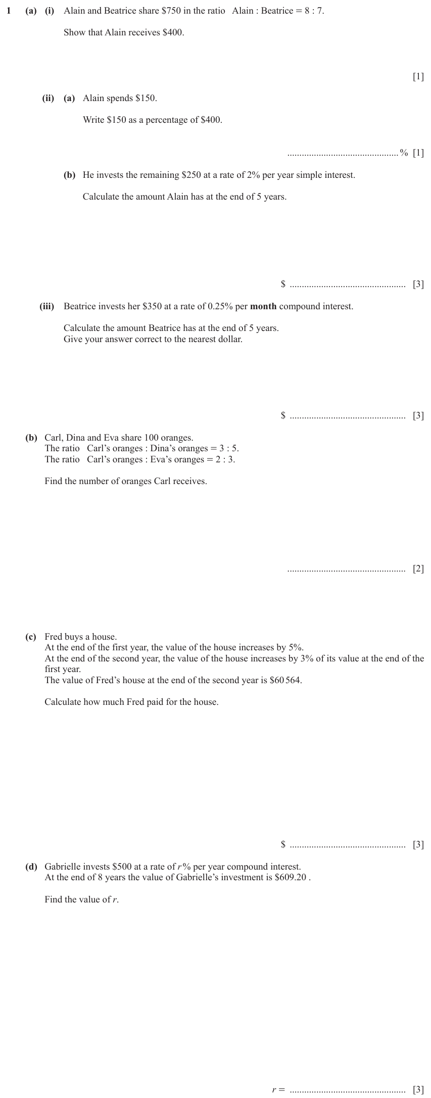 IGCSE Mathematics 0580 March 2023 Paper 42 Question 1 – Numbers, Ratio and proportion, 16 marks