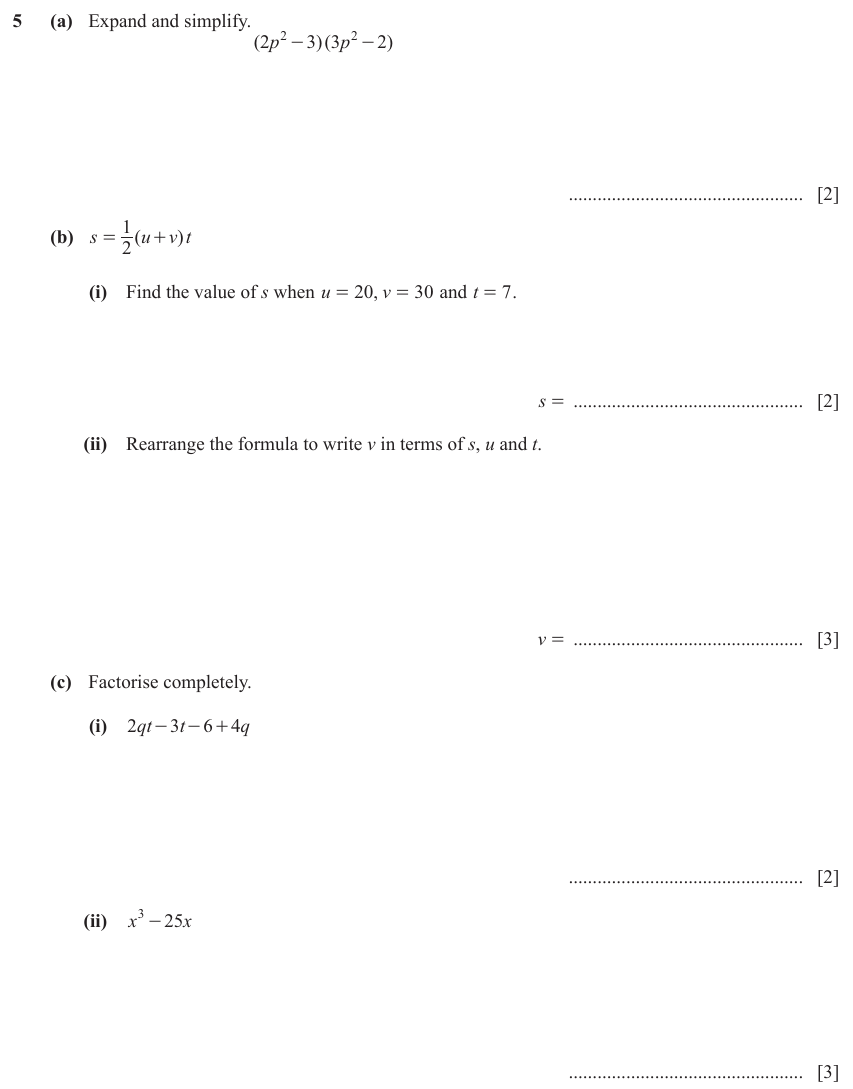 IGCSE Mathematics 0580 March 2023 Paper 42 Question 5 – Algebra, Basic algebra, 12 marks