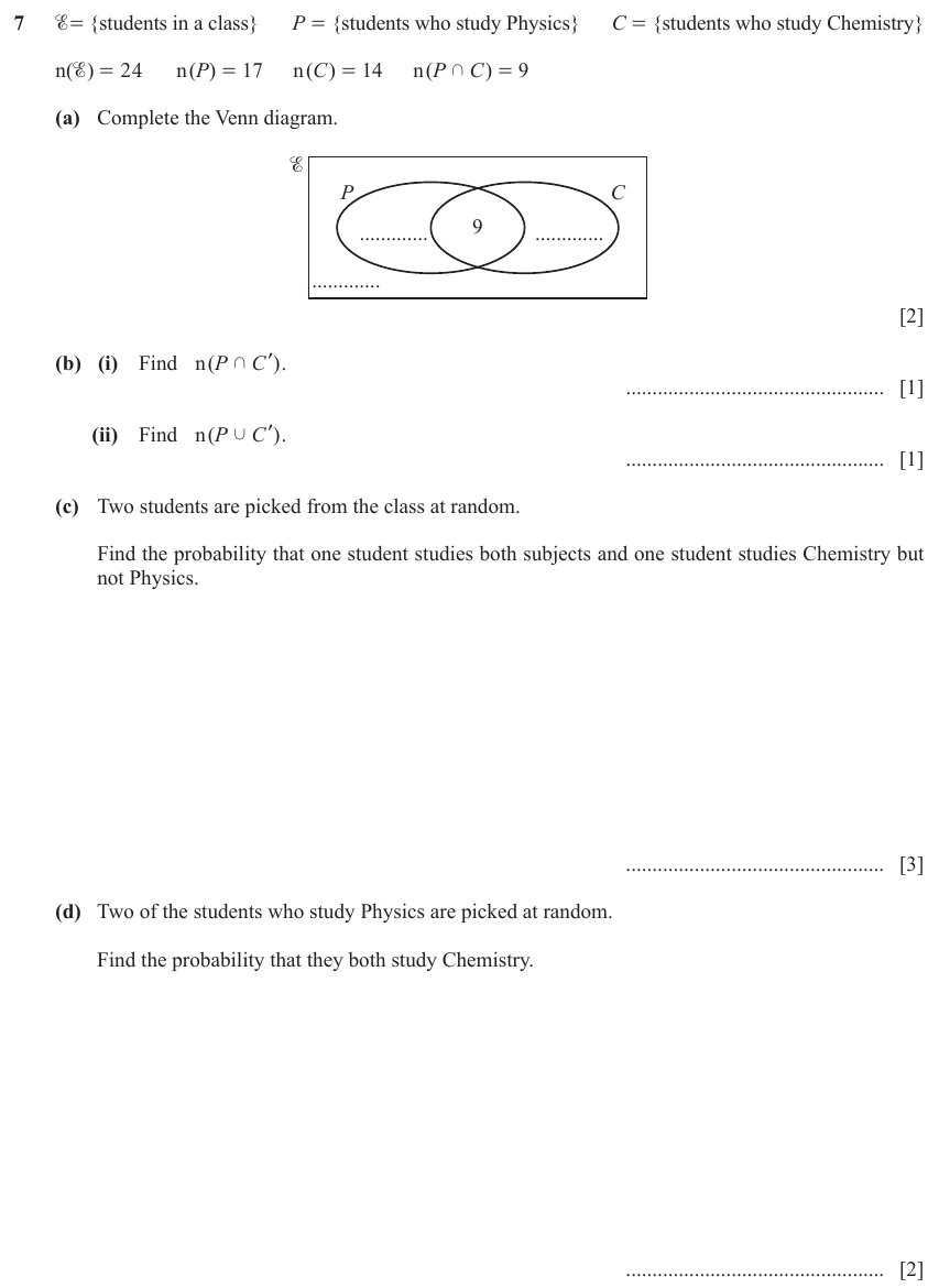 IGCSE Mathematics 0580 March 2023 Paper 42 Question 7 – Numbers, Sets and Venn Diagram (non calculator), 9 marks