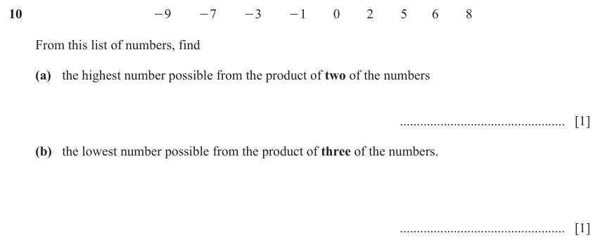 IGCSE 0580 Mar 2024 Paper 12 Question 10 — Use directed numbers (non calculator) (Core, 2 marks)