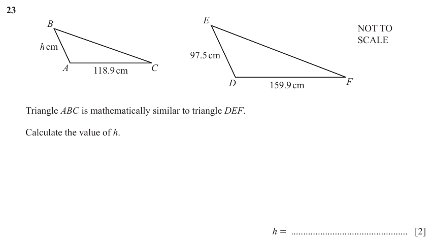 IGCSE 0580 Mar 2024 Paper 12 Question 23 — Similar figures (Core, 2 marks)