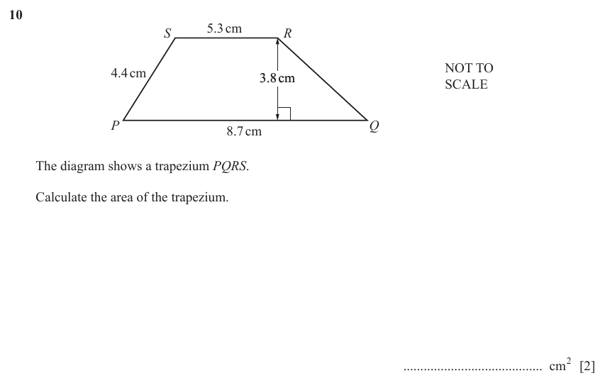 IGCSE Mathematics 0580 March 2024 Paper 22 Question 10 – Mensuration, Perimeter, Area and Volume, 2 marks