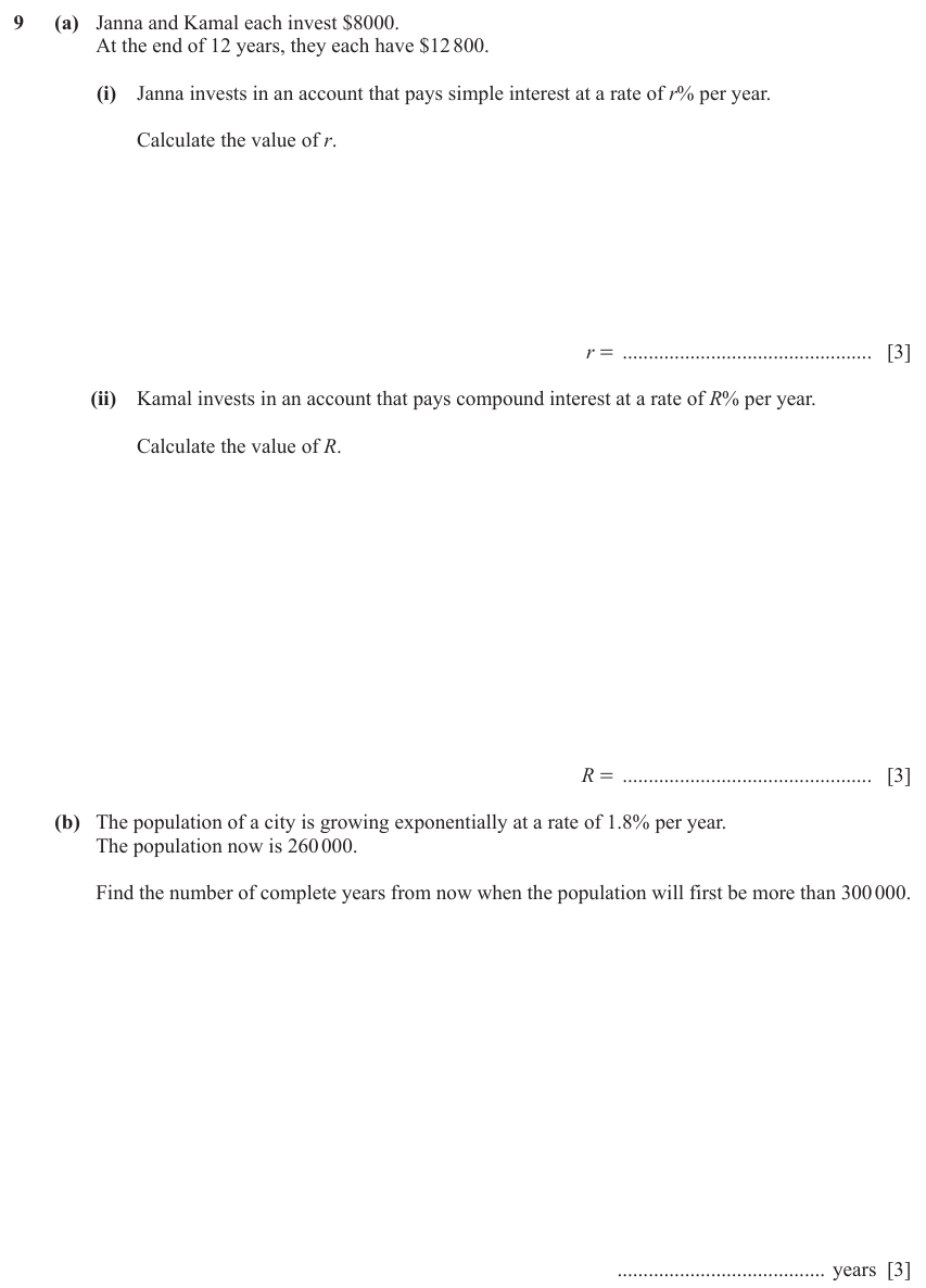 IGCSE Mathematics 0580 March 2024 Paper 42 Question 9 – Numbers, Simple and compound interest, 9 marks
