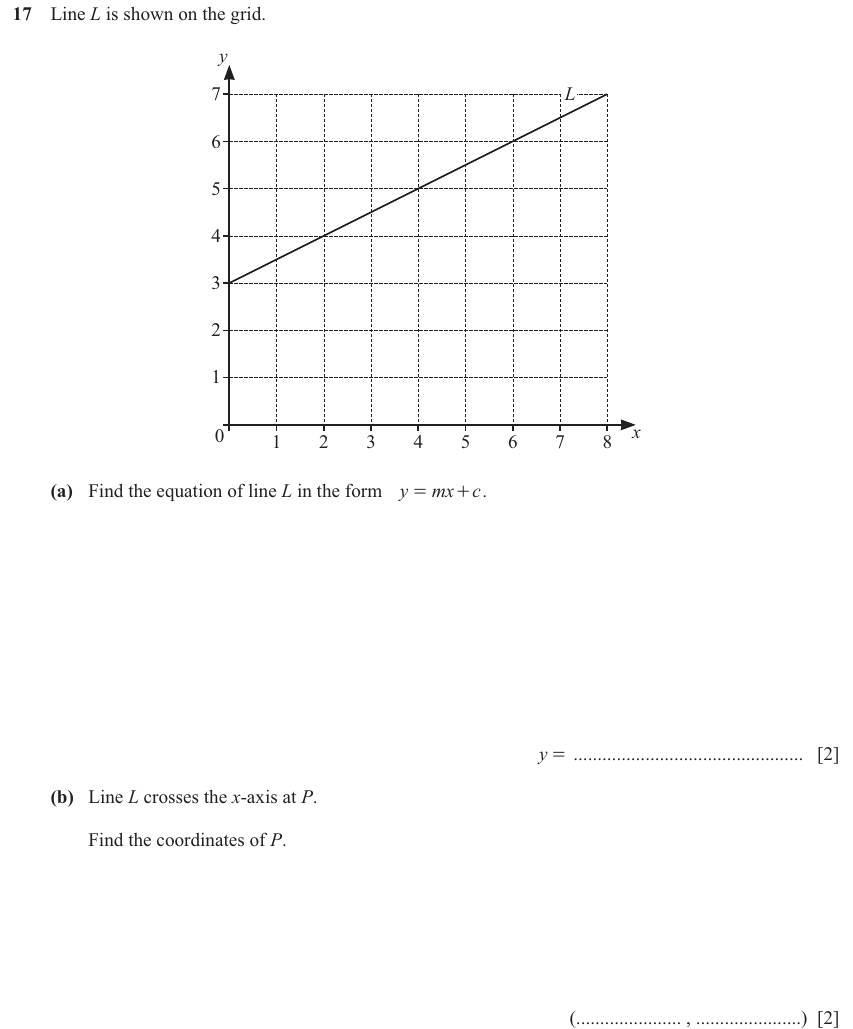 IGCSE 0580 Mar 2025 Paper 12 Question 17 — Equation of a straight line (Core, 4 marks)