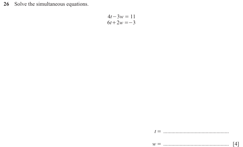 IGCSE 0580 Mar 2025 Paper 12 Question 26 — Simultaneous equations (Core, 4 marks)
