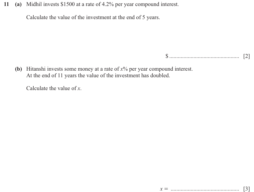 IGCSE 0580 Mar 2025 Paper 42 Question 11 — Simple and compound interest (Extended, 5 marks)