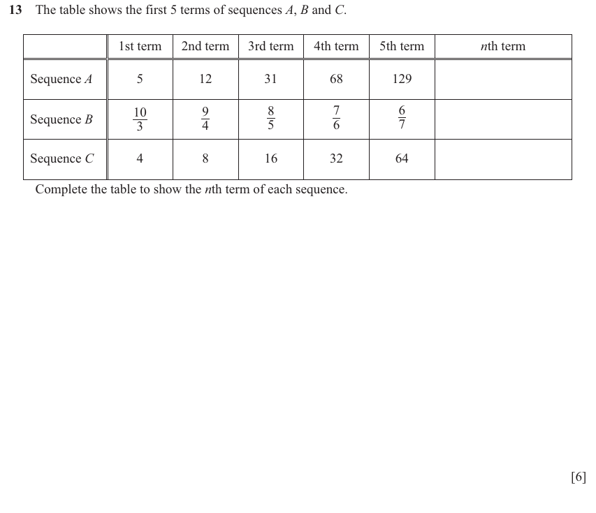 IGCSE 0580 Mar 2025 Paper 42 Question 13 — Sequences (Extended, 6 marks)