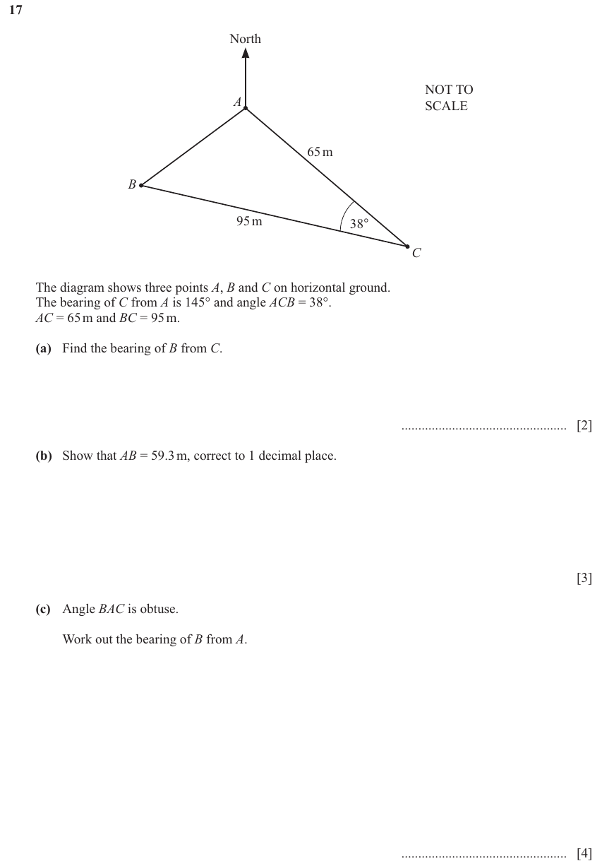 IGCSE 0580 Mar 2025 Paper 42 Question 17 — Three-figure bearings (Extended, 9 marks)
