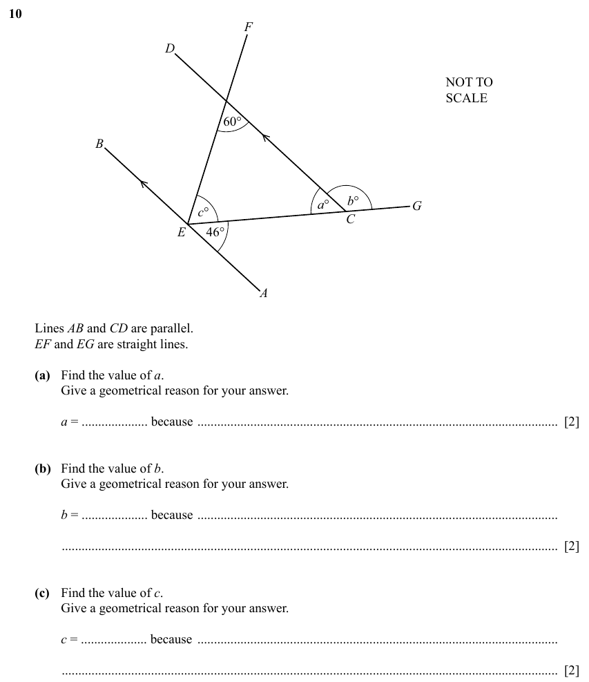 IGCSE 0580 Specimen 2025 Paper 11 Question 10 — Angles using geometrical properties (Core, 10 marks)