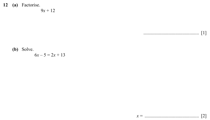 IGCSE 0580 Specimen 2025 Paper 11 Question 12 — Factorization (Core, 3 marks)