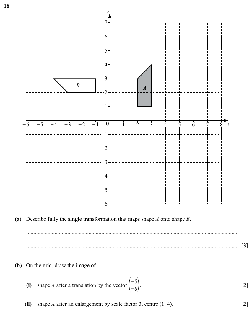 IGCSE 0580 Specimen 2025 Paper 11 Question 18 — Transformations (Core, 10 marks)