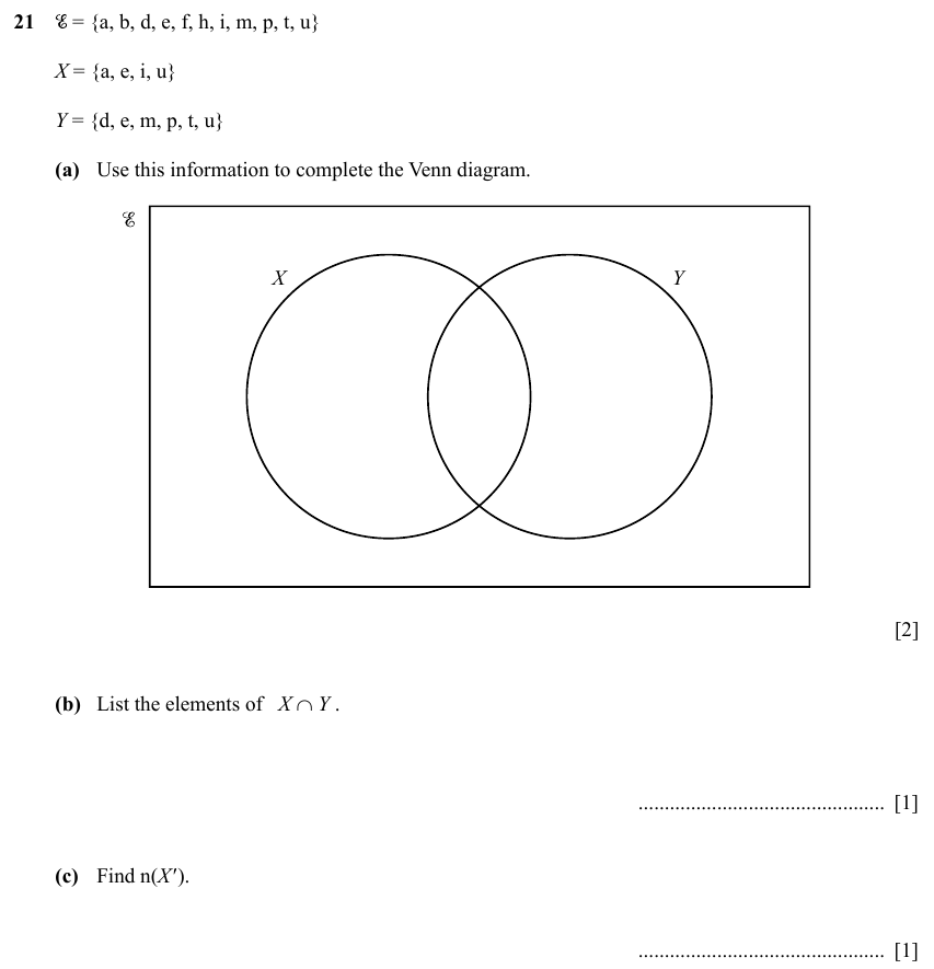 IGCSE 0580 Specimen 2025 Paper 11 Question 21 — Sets and Venn Diagram (non calculator) (Core, 4 marks)