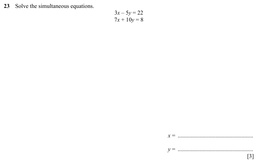 IGCSE 0580 Specimen 2025 Paper 11 Question 23 — Simultaneous equations (Core, 3 marks)