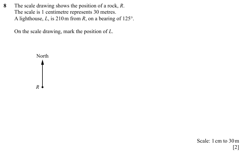 IGCSE 0580 Specimen 2025 Paper 11 Question 8 — Three-figure bearings (Core, 2 marks)