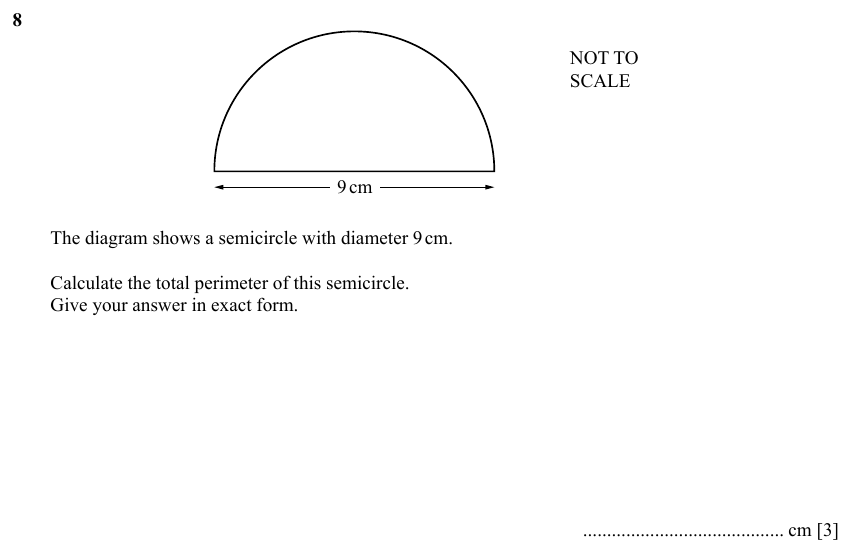 IGCSE Mathematics 0580 Specimen 2025 Paper 21 Question 8 – Mensuration, Perimeter, Area and Volume, 3 marks