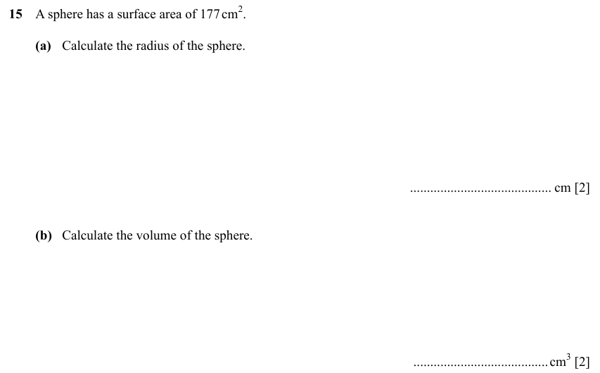IGCSE 0580 Specimen 2025 Paper 31 Question 15 — Perimeter, Area and Volume (Core, 4 marks)