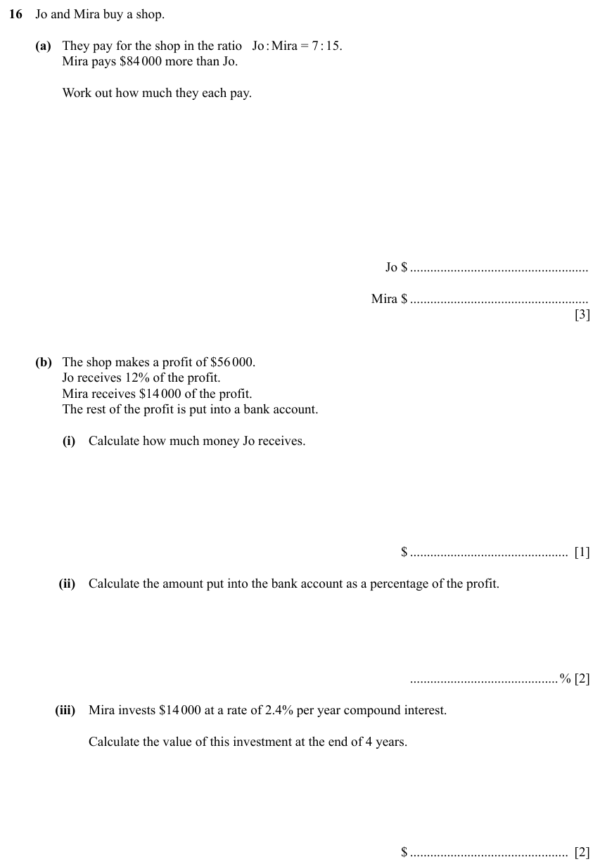 IGCSE 0580 Specimen 2025 Paper 31 Question 16 — Ratio and proportion (Core, 8 marks)