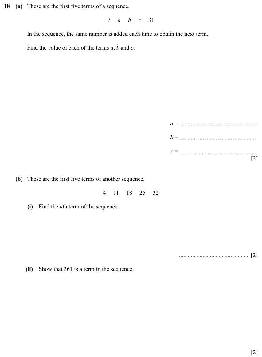 IGCSE 0580 Specimen 2025 Paper 31 Question 18 — Sequences (Core, 6 marks)