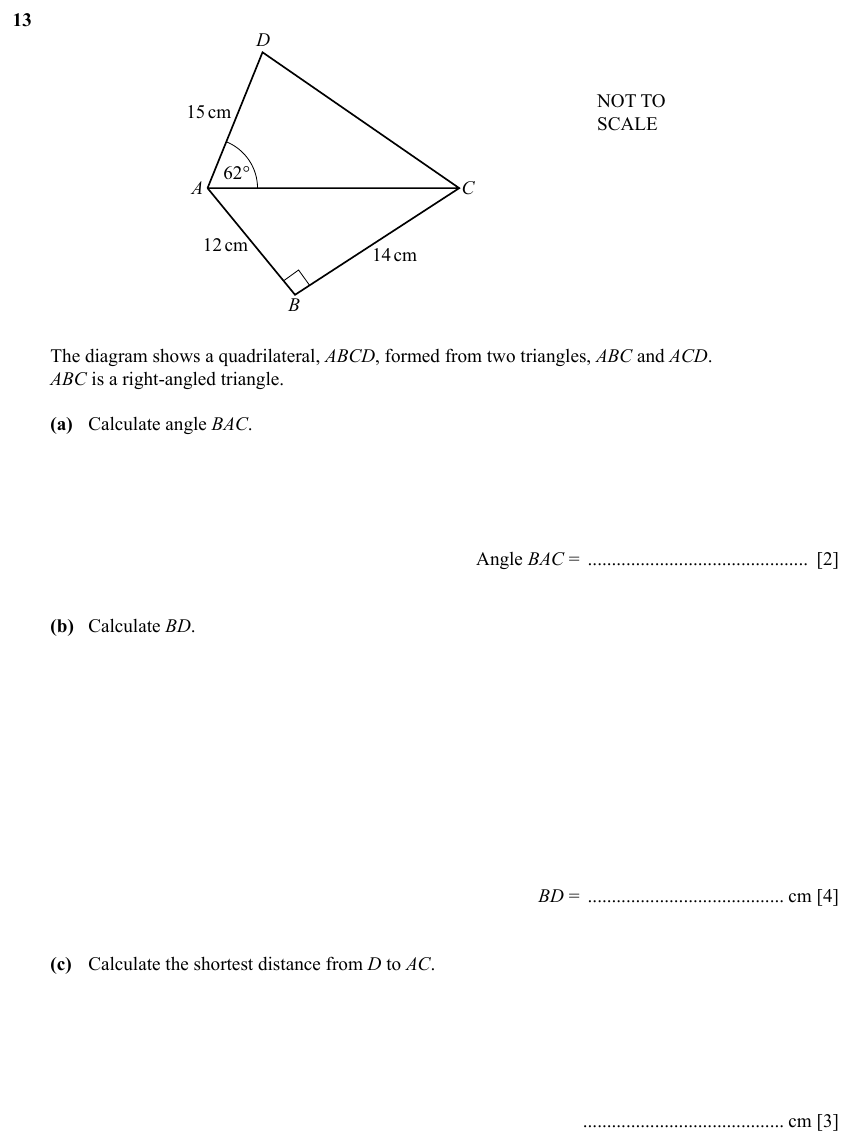 IGCSE 0580 Specimen 2025 Paper 41 Question 13 — Right angled triangles (Extended, 9 marks)