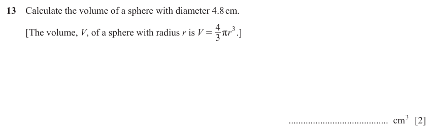 IGCSE Mathematics 0580 May/June 2023 Paper 11 Question 13 – Mensuration, Perimeter, Area and Volume, 2 marks