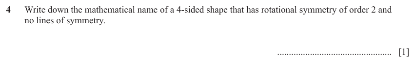 IGCSE Mathematics 0580 May/June 2023 Paper 11 Question 4 – Geometry, Symmetry, 1 marks