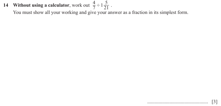 IGCSE Mathematics 0580 May/June 2023 Paper 12 Question 14 – Numbers, Operations with fractions (non calculator), 3 marks